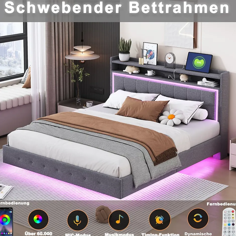 Okwish Lit Double 160x200 cm - Lit capitonné Adulte avec LED Intégrée et Port USB, Pieds Cachés Lin Gris New