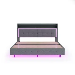 Okwish Lit Double 160x200 cm - Lit capitonné Adulte avec LED Intégrée et Port USB, Pieds Cachés Lin Gris New