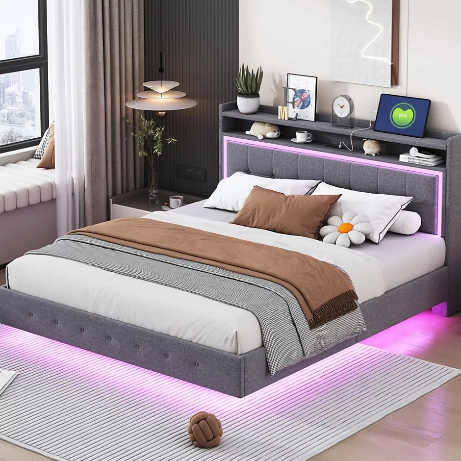 Okwish Lit Double 160x200 cm - Lit capitonné Adulte avec LED Intégrée et Port USB, Pieds Cachés Lin Gris New