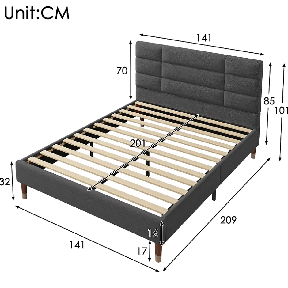 Okwish Lit double 140x200 cm - Lit capitonné avec tête de lit - Lin - Sans Matelas - Gris New