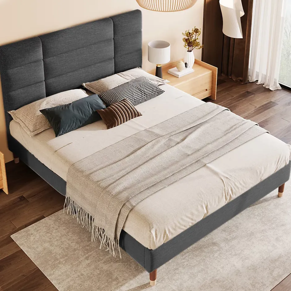 Okwish Lit double 140x200 cm - Lit capitonné avec tête de lit - Lin - Sans Matelas - Gris New