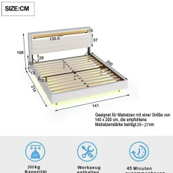 Okwish Lit Double 140x200 cm - Lit capitonné Adulte pour Ado avec LED Intégrée et Port USB, Tête de Lit Réversible Lin Gris