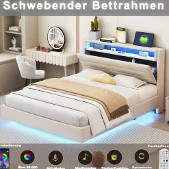 Okwish Lit Double 140x200 cm - Lit capitonné Adulte pour Ado avec LED Intégrée et Port USB, Tête de Lit Réversible Lin Gris