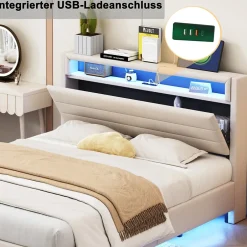 Okwish Lit Double 140x200 cm - Lit capitonné Adulte pour Ado avec LED Intégrée et Port USB, Tête de Lit Réversible Lin Gris