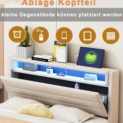 Okwish Lit Double 140x200 cm - Lit capitonné Adulte pour Ado avec LED Intégrée et Port USB, Tête de Lit Réversible Lin Gris