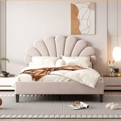 Okwish Lit Double 140x200 cm - Lit Capitonné enfant/Adulte avec Tête de Lit et Sommier à Lattes, Velours, Beige, Sans Matelas