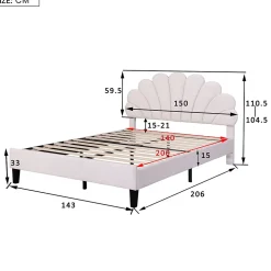 Okwish Lit Double 140x200 cm - Lit Capitonné enfant/Adulte avec Tête de Lit et Sommier à Lattes, Velours, Beige, Sans Matelas