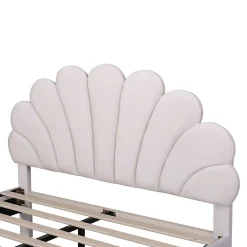 Okwish Lit Double 140x200 cm - Lit Capitonné enfant/Adulte avec Tête de Lit et Sommier à Lattes, Velours, Beige, Sans Matelas