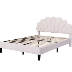 Okwish Lit Double 140x200 cm - Lit Capitonné enfant/Adulte avec Tête de Lit et Sommier à Lattes, Velours, Beige, Sans Matelas