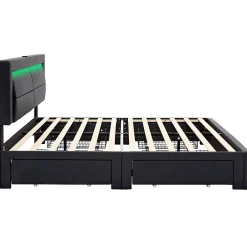 Okwish Lit Double 140x190 cm - Lit Capitonné PU avec Rangement et Ports USB - Éclairage LED Intégré - Noir - Sans Matelas Clearance