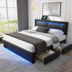 Okwish Lit Double 140x190 cm - Lit Capitonné PU avec Rangement et Ports USB - Éclairage LED Intégré - Noir - Sans Matelas Clearance