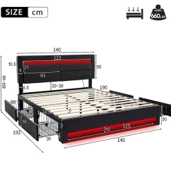 Okwish Lit Double 140x190 cm - Lit Capitonné PU avec Rangement et Ports USB - Éclairage LED Intégré - Noir - Sans Matelas Clearance
