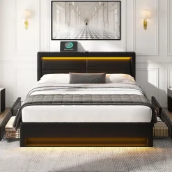 Okwish Lit Double 140x190 cm - Lit Capitonné PU avec Rangement et Ports USB - Éclairage LED Intégré - Noir - Sans Matelas Clearance