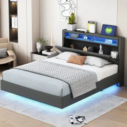 Okwish Lit Double 140x200 cm - Lit capitonné Adulte pour Ado avec LED Intégrée et Port USB, Tête de Lit Réversible Lin Gris