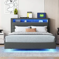 Okwish Lit Double 140x200 cm - Lit capitonné Adulte pour Ado avec LED Intégrée et Port USB, Tête de Lit Réversible Lin Gris