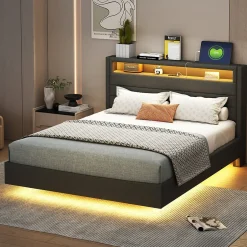 Okwish Lit Double 140x200 cm - Lit capitonné Adulte pour Ado avec LED Intégrée et Port USB, Tête de Lit Réversible Lin Gris