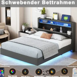 Okwish Lit Double 140x200 cm - Lit capitonné Adulte pour Ado avec LED Intégrée et Port USB, Tête de Lit Réversible Lin Gris