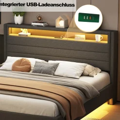 Okwish Lit Double 140x200 cm - Lit capitonné Adulte pour Ado avec LED Intégrée et Port USB, Tête de Lit Réversible Lin Gris