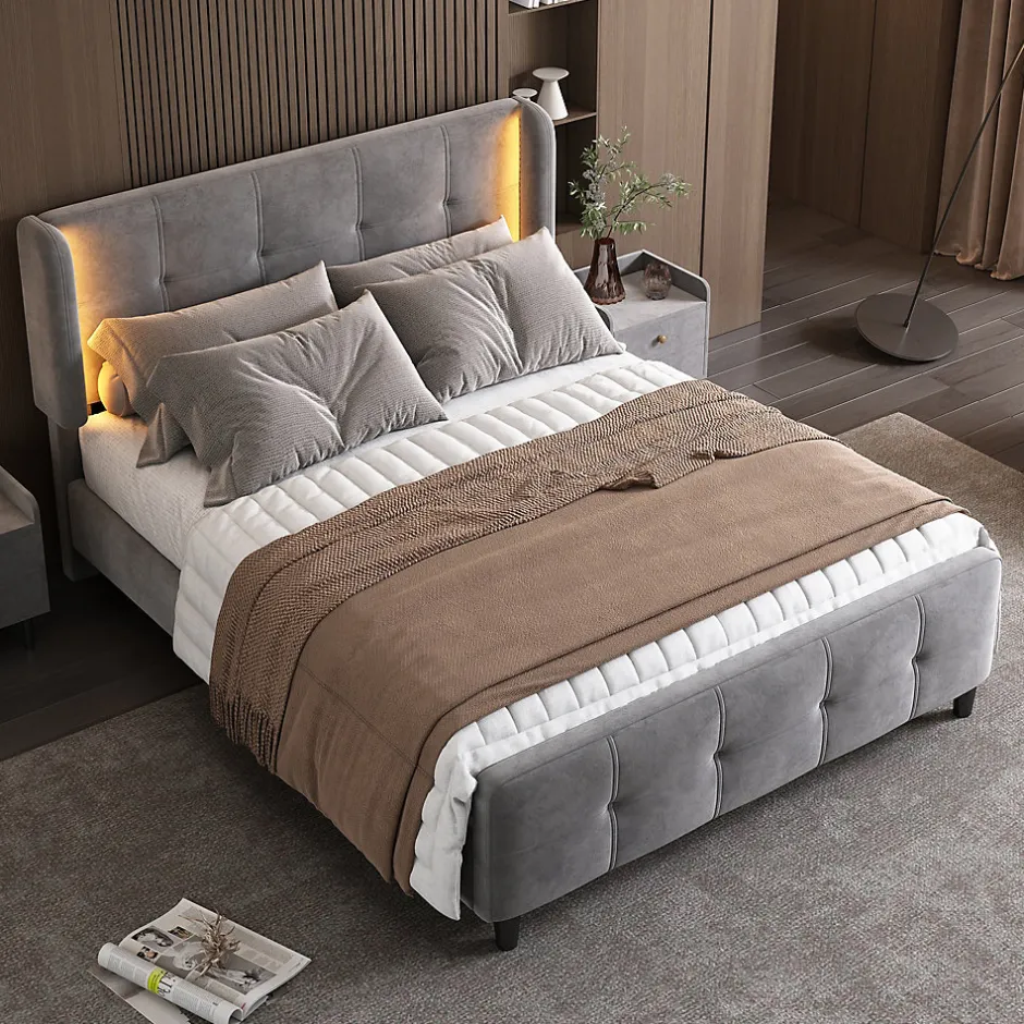 Okwish Lit Double 140x200 cm - Lit Capitonné avec Bandes LED 16 s - Sans Matelas - Velours Gris