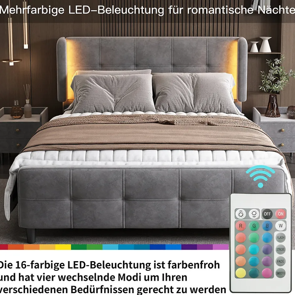 Okwish Lit Double 140x200 cm - Lit Capitonné avec Bandes LED 16 s - Sans Matelas - Velours Gris