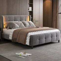 Okwish Lit Double 140x200 cm - Lit Capitonné avec Bandes LED 16 s - Sans Matelas - Velours Gris
