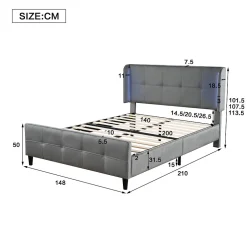 Okwish Lit Double 140x200 cm - Lit Capitonné avec Bandes LED 16 s - Sans Matelas - Velours Gris
