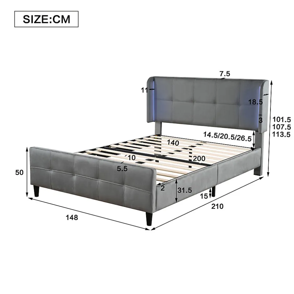 Okwish Lit Double 140x200 cm - Lit Capitonné avec Bandes LED 16 s - Sans Matelas - Velours Gris