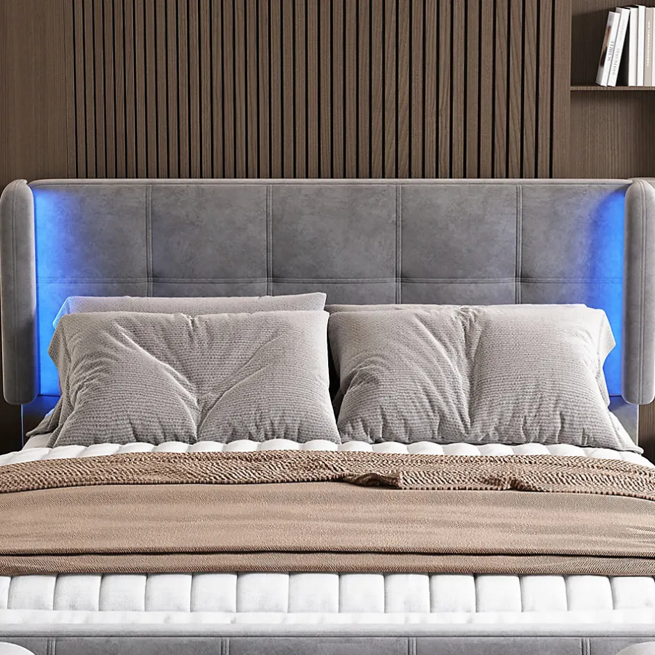 Okwish Lit Double 140x200 cm - Lit Capitonné avec Bandes LED 16 s - Sans Matelas - Velours Gris