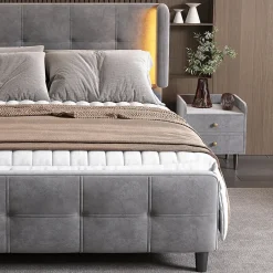 Okwish Lit Double 140x200 cm - Lit Capitonné avec Bandes LED 16 s - Sans Matelas - Velours Gris