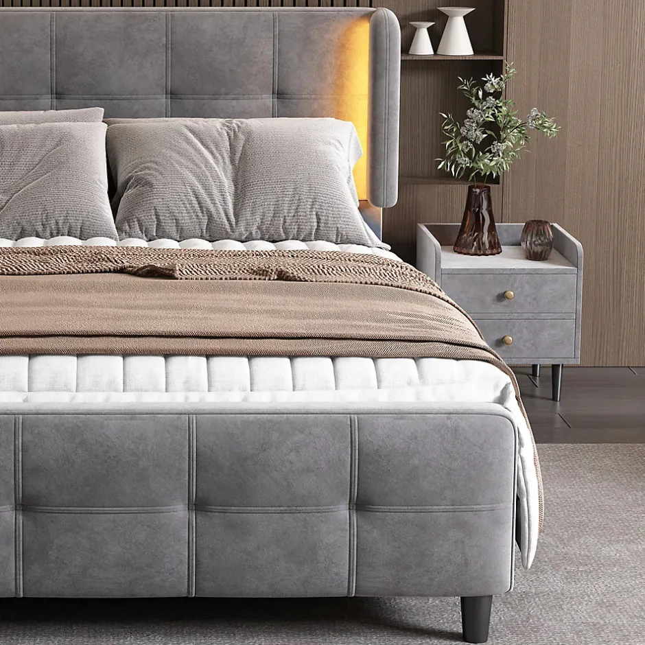 Okwish Lit Double 140x200 cm - Lit Capitonné avec Bandes LED 16 s - Sans Matelas - Velours Gris