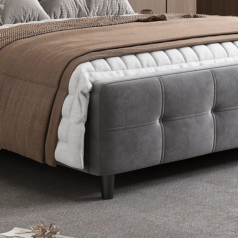 Okwish Lit Double 140x200 cm - Lit Capitonné avec Bandes LED 16 s - Sans Matelas - Velours Gris