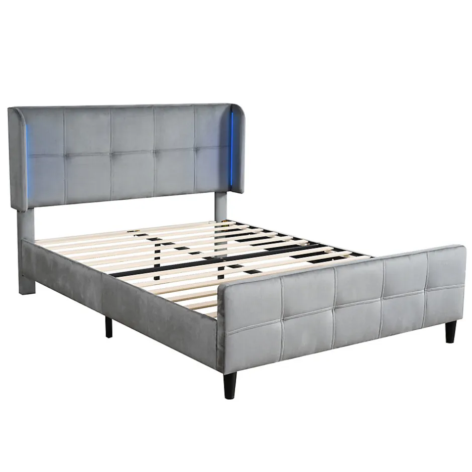 Okwish Lit Double 140x200 cm - Lit Capitonné avec Bandes LED 16 s - Sans Matelas - Velours Gris