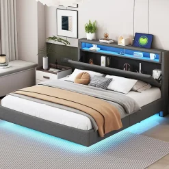 Okwish Lit Double 160x200 cm - Lit capitonné Adulte pour Ado avec LED Intégrée et Port USB, Tête de Lit Réversible Lin Gris