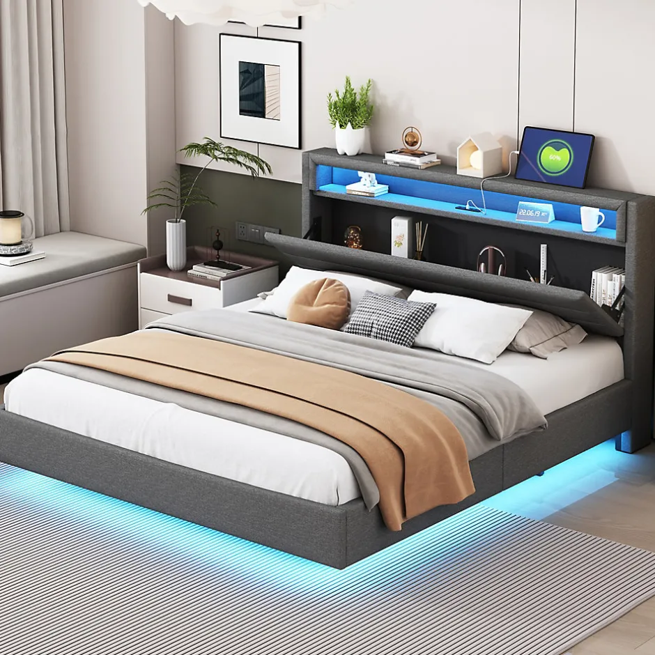 Okwish Lit Double 160x200 cm - Lit capitonné Adulte pour Ado avec LED Intégrée et Port USB, Tête de Lit Réversible Lin Gris