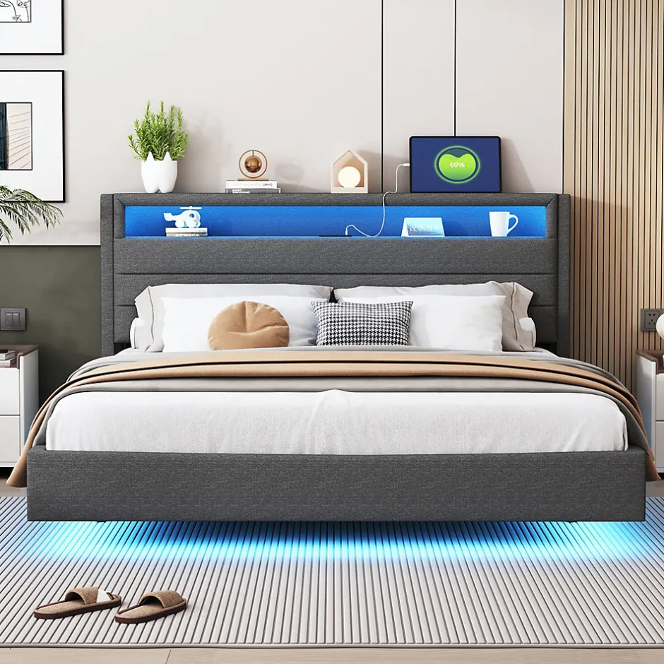 Okwish Lit Double 160x200 cm - Lit capitonné Adulte pour Ado avec LED Intégrée et Port USB, Tête de Lit Réversible Lin Gris