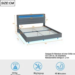 Okwish Lit Double 160x200 cm - Lit capitonné Adulte pour Ado avec LED Intégrée et Port USB, Tête de Lit Réversible Lin Gris