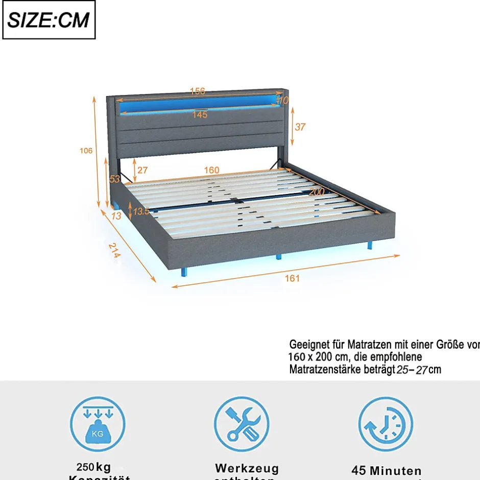 Okwish Lit Double 160x200 cm - Lit capitonné Adulte pour Ado avec LED Intégrée et Port USB, Tête de Lit Réversible Lin Gris