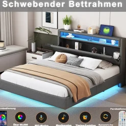 Okwish Lit Double 160x200 cm - Lit capitonné Adulte pour Ado avec LED Intégrée et Port USB, Tête de Lit Réversible Lin Gris