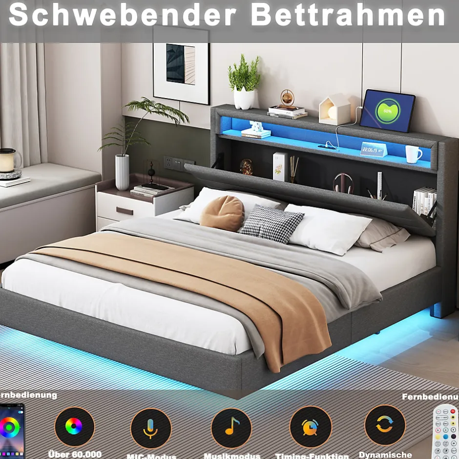 Okwish Lit Double 160x200 cm - Lit capitonné Adulte pour Ado avec LED Intégrée et Port USB, Tête de Lit Réversible Lin Gris