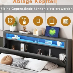 Okwish Lit Double 160x200 cm - Lit capitonné Adulte pour Ado avec LED Intégrée et Port USB, Tête de Lit Réversible Lin Gris