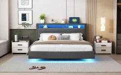 Okwish Lit Double 160x200 cm - Lit capitonné Adulte pour Ado avec LED Intégrée et Port USB, Tête de Lit Réversible Lin Gris