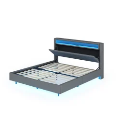 Okwish Lit Double 160x200 cm - Lit capitonné Adulte pour Ado avec LED Intégrée et Port USB, Tête de Lit Réversible Lin Gris