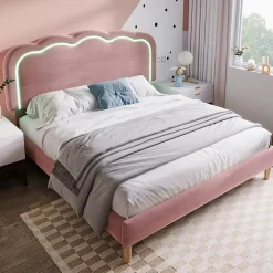 Okwish Lit double 140x200 cm - Lit capitonné avec tête de lit LED réglable - Sans Matelas - Velours - Rose Sale