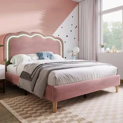 Okwish Lit double 140x200 cm - Lit capitonné avec tête de lit LED réglable - Sans Matelas - Velours - Rose Sale