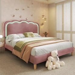 Okwish Lit double 140x200 cm - Lit capitonné avec tête de lit LED réglable - Sans Matelas - Velours - Rose Sale