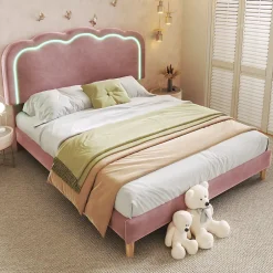 Okwish Lit double 140x200 cm - Lit capitonné avec tête de lit LED réglable - Sans Matelas - Velours - Rose Sale