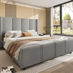 Okwish Lit double 140x190 cm - Lit capitonné moderne avec tête et pied de lit hauts, port USB intégré - Sans matelas - Gris foncé