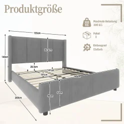 Okwish Lit double 140x190 cm - Lit capitonné moderne avec tête et pied de lit hauts, port USB intégré - Sans matelas - Gris foncé