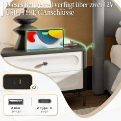 Okwish Lit double 140x190 cm - Lit capitonné moderne avec tête et pied de lit hauts, port USB intégré - Sans matelas - Gris foncé