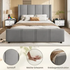 Okwish Lit double 140x190 cm - Lit capitonné moderne avec tête et pied de lit hauts, port USB intégré - Sans matelas - Gris foncé